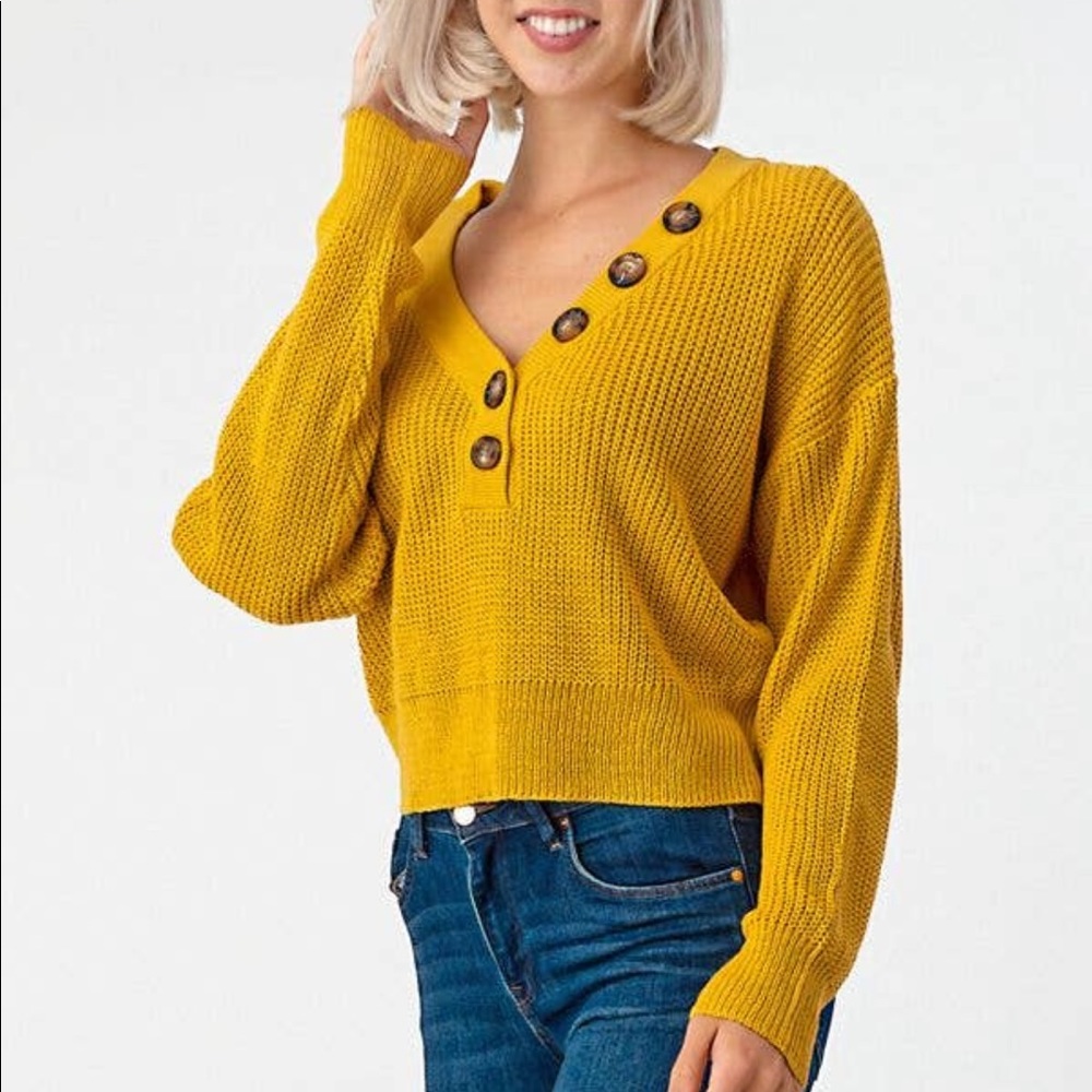 Mustard Ribbed V-neck Knit Sweater